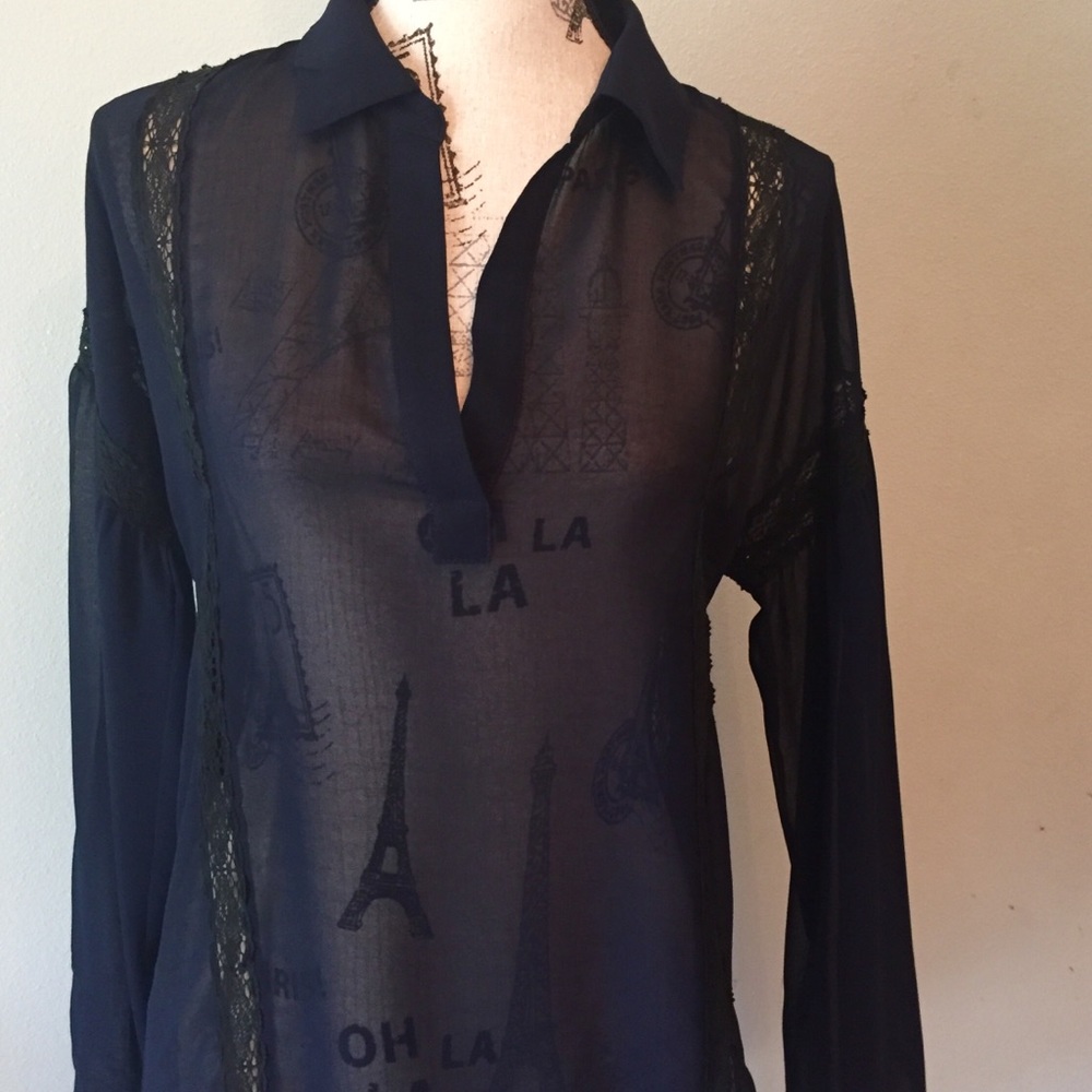 Line + Dot Tunic blouse , black sheer